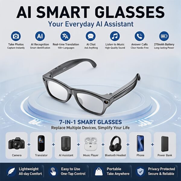 Budget Wearable AI Eyeglasses with Camera Flashlight, Instant Multi-Language Translation, Touch Control, Voice Assistant for Call, Music And Video Record