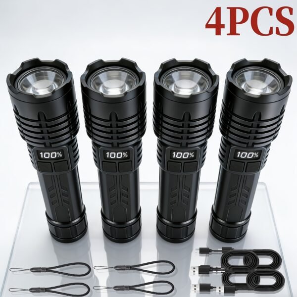 4-Pack Tactical Survival Kit Must Have: Super Bright Rechargeable LED Flashlights Set, Zoomable Spotlight & USB Charging For Emergency Preparedness, Power Outage Supplies, Camping Gear, Perfect Men Gifts