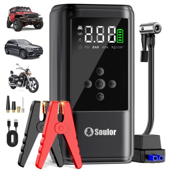 Soulor Car Jump Starter, 3000A to 6000A Portable Starter Power Supply, 2-In-1 Inflatable for All-In-One Multi-Functional Upgraded Version, 12V Quick Start Car, Suitable for All Cars, LED Emergency Lights, Compass, USB Input/Output
