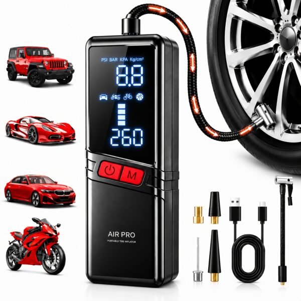 12000APortable Wireless Car Air Compressor Inflator Hand Pump with LED Lighting, Suitable for Cars/motorcycles/bicycles