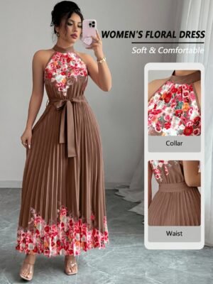 Fashionable New Women'S Summer Halter Floral Print Pleated Dress