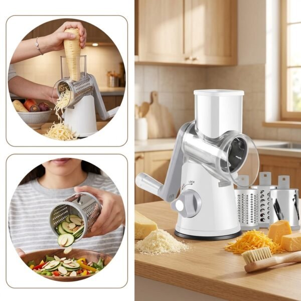 Hand-Cranked Rotary Cheese Grater | for Shredding Fresh Cheese, Vegetables, And Nuts, Metal, Non-Slip Suction Base, Includes Three-Blade Cleaning Brush