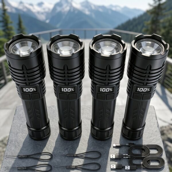 4-Pack Tactical Survival Kit Must Have: Super Bright Rechargeable LED Flashlights Set, Zoomable Spotlight & USB Charging For Emergency Preparedness, Power Outage Supplies, Camping Gear, Perfect Men Gifts
