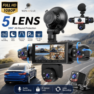 Wzxlifescult 4/5 Camera Car Dash Cam, 360° Surround Coverage, 1080P Front, 720P Rear & Inside Recording, Night Vision, WDR, Loop Recording, Parking Monitor