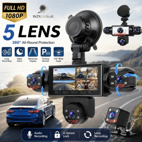 Wzxlifescult 4/5 Camera Car Dash Cam, 360° Surround Coverage, 1080P Front, 720P Rear & Inside Recording, Night Vision, WDR, Loop Recording, Parking Monitor
