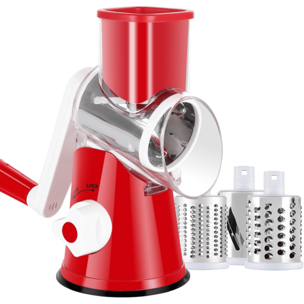 Hand-Cranked Rotary Cheese Grater | for Shredding Fresh Cheese, Vegetables, And Nuts, Metal, Non-Slip Suction Base, Includes Three-Blade Cleaning Brush