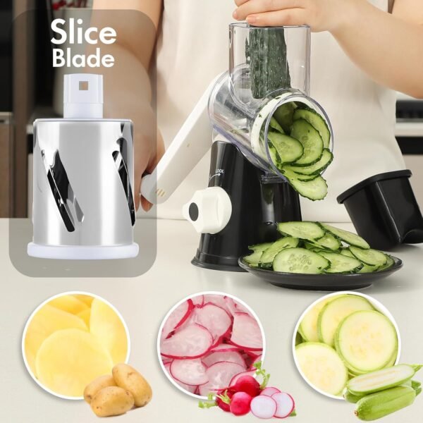 Hand-Cranked Rotary Cheese Grater | for Shredding Fresh Cheese, Vegetables, And Nuts, Metal, Non-Slip Suction Base, Includes Three-Blade Cleaning Brush