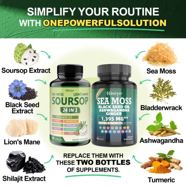 Himiyer 2 Bottles Soursop NAD+ & Sea Moss Daily Balance Capsules for Women & Men - Rhodiola Rosea, Ashwagandha, Shilajit, Berberine - Focus & Immune Health & Body Balance - Daily Gentle Lifestyle
