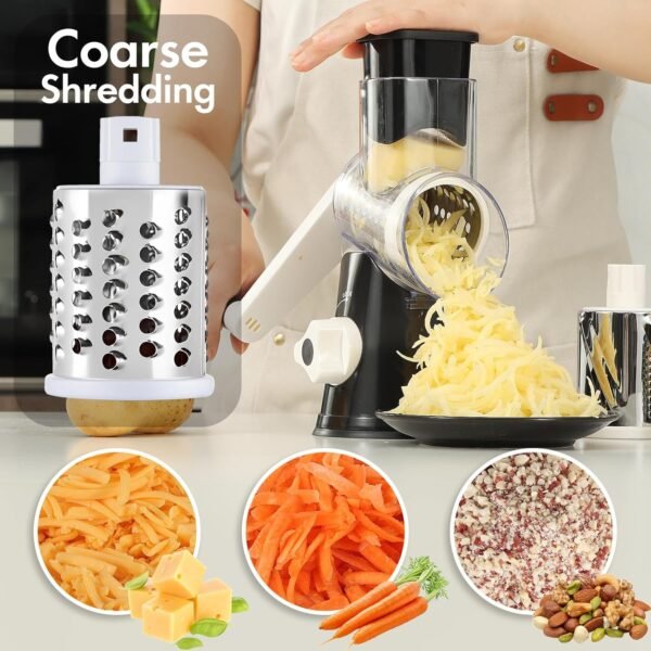 Hand-Cranked Rotary Cheese Grater | for Shredding Fresh Cheese, Vegetables, And Nuts, Metal, Non-Slip Suction Base, Includes Three-Blade Cleaning Brush