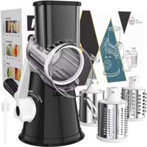 Hand-Cranked Rotary Cheese Grater | for Shredding Fresh Cheese, Vegetables, And Nuts, Metal, Non-Slip Suction Base, Includes Three-Blade Cleaning Brush