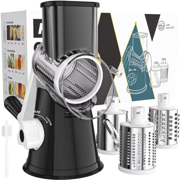 Hand-Cranked Rotary Cheese Grater | for Shredding Fresh Cheese, Vegetables, And Nuts, Metal, Non-Slip Suction Base, Includes Three-Blade Cleaning Brush