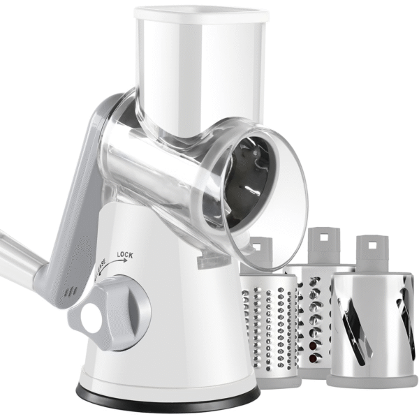 Hand-Cranked Rotary Cheese Grater | for Shredding Fresh Cheese, Vegetables, And Nuts, Metal, Non-Slip Suction Base, Includes Three-Blade Cleaning Brush