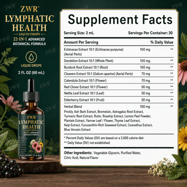 21-In-1 Herbal Lymphatic Health Drops, Echinacea Lymph Health Supplement, with Burdock Root, Echinacea, Plantain, Dandelion, for Body Balance & Healthy Defense, Great for Taking 0.03oz Daily with Water, 2.03oz