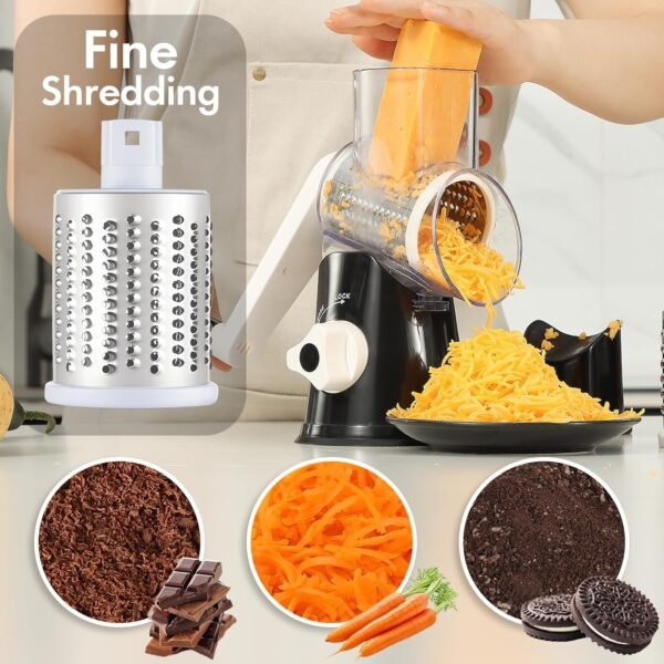 Hand-Cranked Rotary Cheese Grater | for Shredding Fresh Cheese, Vegetables, And Nuts, Metal, Non-Slip Suction Base, Includes Three-Blade Cleaning Brush
