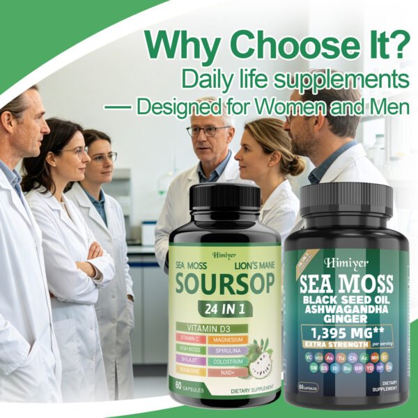Himiyer 2 Bottles Soursop NAD+ & Sea Moss Daily Balance Capsules for Women & Men - Rhodiola Rosea, Ashwagandha, Shilajit, Berberine - Focus & Immune Health & Body Balance - Daily Gentle Lifestyle