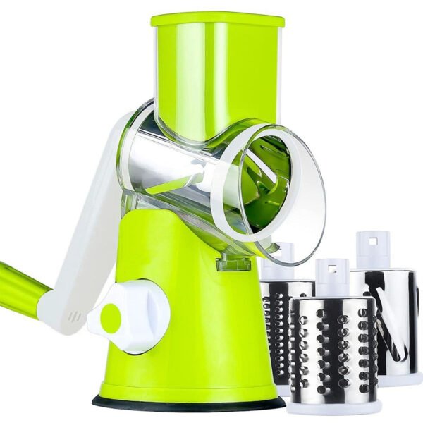 Hand-Cranked Rotary Cheese Grater | for Shredding Fresh Cheese, Vegetables, And Nuts, Metal, Non-Slip Suction Base, Includes Three-Blade Cleaning Brush