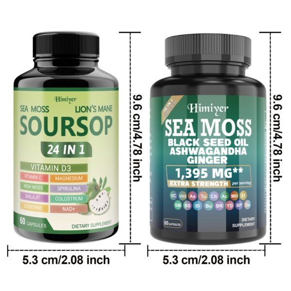 Himiyer 2 Bottles Soursop NAD+ & Sea Moss Daily Balance Capsules for Women & Men - Rhodiola Rosea, Ashwagandha, Shilajit, Berberine - Focus & Immune Health & Body Balance - Daily Gentle Lifestyle