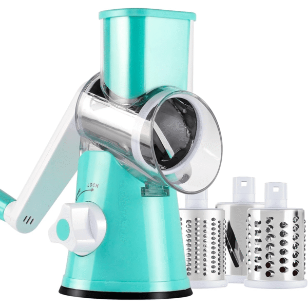 Hand-Cranked Rotary Cheese Grater | for Shredding Fresh Cheese, Vegetables, And Nuts, Metal, Non-Slip Suction Base, Includes Three-Blade Cleaning Brush