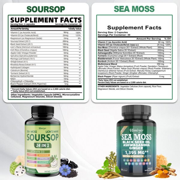 Himiyer 2 Bottles Soursop NAD+ & Sea Moss Daily Balance Capsules for Women & Men - Rhodiola Rosea, Ashwagandha, Shilajit, Berberine - Focus & Immune Health & Body Balance - Daily Gentle Lifestyle